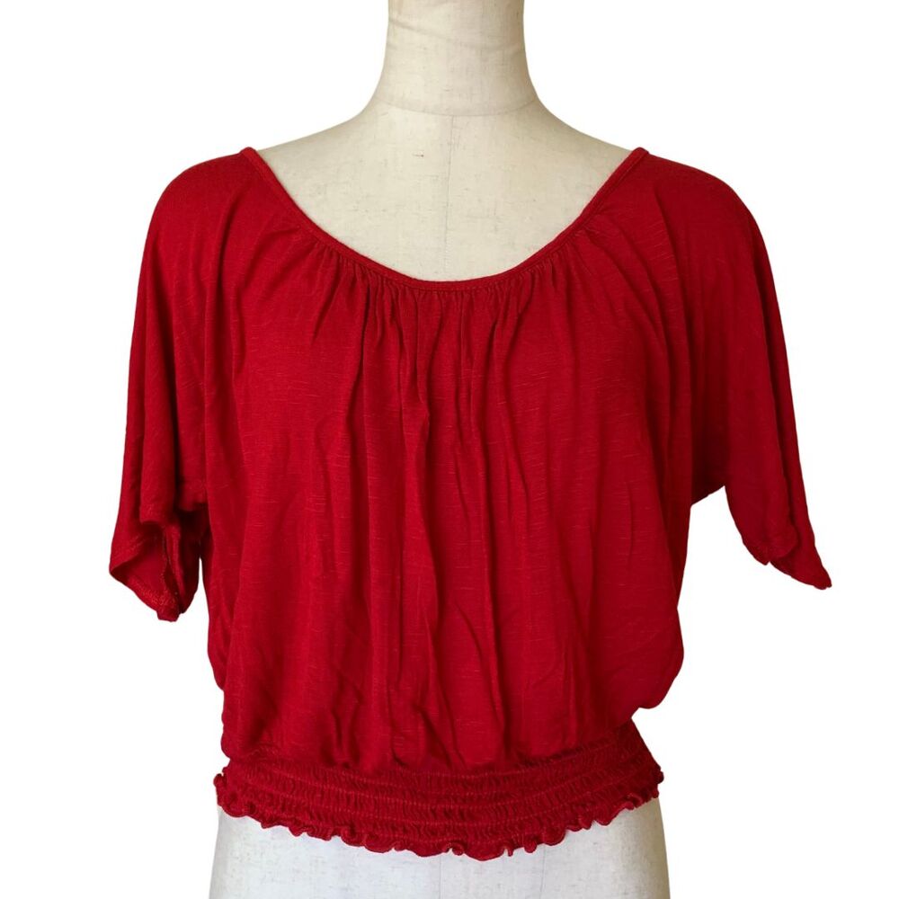 Lavish Red Smocked Hem Peasant Blouse Size S Off Shoulder